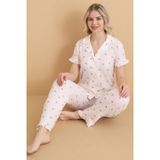 Mirano 3854 Gül Desenli Bürümcük Gömlek Yaka Düğmeli Kısa Kollu Kadın Pijama Takımı