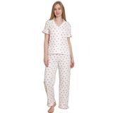 Mirano 3856 Desenli Bürümcük Gömlek Yaka Düğmeli Kısa Kollu Kadın Pijama Takımı, Beyaz, XL