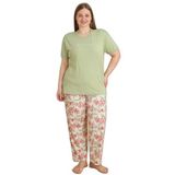 Mirano 4503 Çiçekli Kısa Kollu Pamuklu Penye Büyük Beden Kadın Pijama Takımı, Yeşil, 2XL