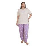 Mirano 4504 Yıldız Desenli Kısa Kollu Pamuklu Penye Büyük Beden Kadın Pijama Takımı, Bej, 3XL