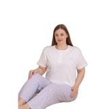 Mirano 4514 Çiçekli Kısa Kollu Pamuklu Penye Büyük Beden Kadın Pijama Takımı, Ekru, 2XL