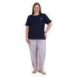 Mirano 4514 Çiçekli Kısa Kollu Pamuklu Penye Büyük Beden Kadın Pijama Takımı, Lacivert, 3XL
