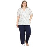 Mirano 4954 Yaprak Desenli Penye Kumaş Düğmeli Kısa Kollu Büyük Beden Kadın Pijama Takımı, Ekru, 2XL