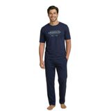 Mirano 8108 Penye Brooklyn Yazılı Erkek Yazlık Kısa Kollu Cepli Pijama Takımı, Lacivert, XL