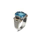 Mirari Jewelry Akuamarin Taşlı Altın Detaylı Modern Erkek Yüzük | Premium 0,40 Mikron Gümüş Kaplama