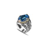 Mirari Jewelry Akuamarin Taşlı Oval Kesim Taş Detaylı İşlemeli Erkek Yüzük | Premium 0,40 Mikron Gümüş Kaplama