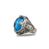 Mirari Jewelry Akuamarin Taşlı Oval Kesim Vintage Motifli Erkek Yüzük | Premium 0,40 Mikron Kaplama