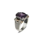 Mirari Jewelry Ametist Taşlı Altın Detaylı Modern Erkek Yüzük | Premium 0,40 Mikron Gümüş Kaplama