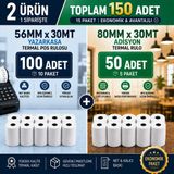 Miray Özel Set 56X30 mt (10 Paket) + 80X30 mt (5 Paket) -Yüksek Kaliteli Termal Pos Rulosu ve Adisyon Fişi