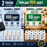 Miray Özel Set 56X30 mt (10 Paket) + 80X40 mt (5 Paket) -Yüksek Kaliteli Termal Pos Rulosu ve Adisyon Fişi