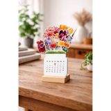 MirayDesign Çiçekli Dekoratif Masa Takvimi – Ahşap Standlı, Parlak Fotoğraf Kağıdı (10×21 cm)