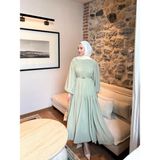 Miraydin Butik Kat Kat Büzgülü Kemer Detaylı Şifon Elbise - Yeşil - Standart