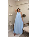 miraylawear FAYE MAVİ RENKLİ BOYUNDAN BAĞLAMALI SALAŞ TARZ KADIN MAXİ ELBİSE