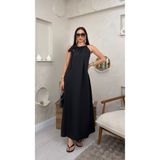 miraylawear FAYE SİYAH RENKLİ BOYUNDAN BAĞLAMALI SALAŞ TARZ KADIN MAXİ ELBİSE