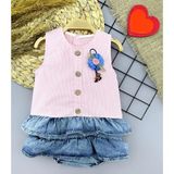 Miraylife 6-9-12-18 Ay Gül Rozet Detaylı Kot Kilotlu Etek Kız Bebek Elbisesi - Pembe