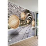 MİRAZAWALL Taş Tünel ve Ray Görseli Üzerine Modern Ahşap Küre Desenli Tek Parça Tekstil Duvar Kağıdı