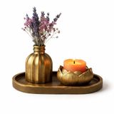 Mireva Lotus Tealight Mumluk ve Mini Vazo Seti – Dekoratif Tepsi Üzerinde Altın Renk Mumluk Seti, Masa & Sehpa Ev Dekoru, Meditasyon ve Spa Dekorasyonu