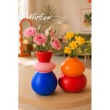 MİREVA Maksimalist İkili Vazo Seti, Modern Stil, El Yapımı Taş Tozu, Renkli Kıvrımlı Dekoratif Obje, 12cm & 9cm, Mavi Pembe Kırmızı Turuncu