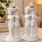 Mireva Yunan Üç Güzeller Tealight Mumluk Seti 2’li, 16 cm Taş Tozu Beyaz Heykel Mumluk, antik Mitoloji Ev Dekoru