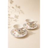Mirilliahome 2’li Çiçek Desenli Porselen Kahve Fincanı ve Tabak Seti Vintage Çay Kahve Sunum Seti