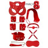 MİRİMORO MİR5454 8 Parça Fantazi Seti | Kırmızı Peluş İç Yüzeyli Kelepçe Maske, Kırbaç Ve Aksesuarlar