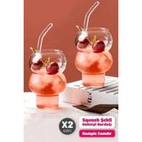 Mis Kitchen 2 Adet Külah Dalgalı Borosilikat Bardak 400ML - 2 Adet Cam Pipetli Soğuk ve Sıcak Kahve Bardağı - Beyaz