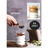 Mis Kitchen 4 Adet Cam Pipetli 300 ml Borosilikat Isıya Dayanıklı Bardak | Soğuk Sıcak Kahve Bardağı - Beyaz