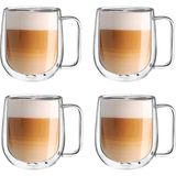 Mis Kitchen 4‘lü Set Çift Cidarlı Kulplu Kupa Bardak Seti Şeffaf Cam Soğuk - Sıcak Kahve Bardağı Çay Bardağı - 4 Adet - 350 ml
