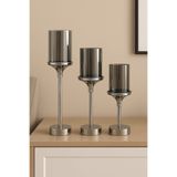 MİS KİTCHEN Gümüş Renk Silindirik Camlı Şamdan 3’lü Set Modern Salon Yemek Masası Dekoratif Mumluk