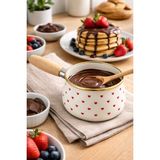 Mis Kitchen Kırmızı Kalpli Emaye Sütlük Sos Tenceresi Ahşap Saplı Küçük Emaye Cezve Sosluk 15 cm - Krem