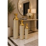 MİS KİTCHEN Monaco 3’lü Metal Dekoratif Vazo Seti Gold Beyaz Yer Vazosu Modern Salon Antre Ofis Dekoru 84-66-50 cm