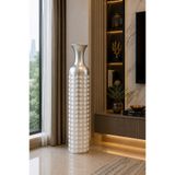 MİS KİTCHEN Oslo Dekoratif Yer Vazosu 84 cm Modern Gümüş Beyaz Büyük Boy Salon Vazosu Kabartmalı Metal Görünümlü Vazo
