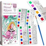 Misda Store Renk Paletli Sulu Boya Kitabı + Fırça, 12 Sayfa Boyama Kitabı, Aktivite Boyama Seti, Çocuklar Için Yeni Nesil Sulu Boya Defteri (Masal Rüyası)