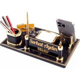 Misda Store Royal Mermer Desen Ahşap Gold Kalemli Masa Isimliği Ofis Masaüstü Isimlik Seti Ofis Hediye Yeni Iş