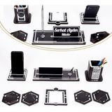Misda Store Space+Gümüş Kalemlik Ahşap Masa Isimliği Seti Mermer Desen Hediye Ofis Organizer Masa Üstü Isimlik