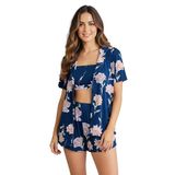 MISIRLI ORGANIC Kadın 3'lü Pijama Takımı Viskon Çiçek Desenli Rahat Kesim Kısa Kollu Düğmeli Gömlek Kısa Şort Straplez Crop
