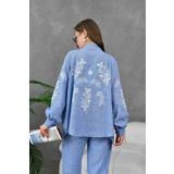 Miss Allos Kadın Arkası Ve Kolları Nakışlı Inci Detaylı Keten Kimono Ceket Ve Pantolon Alt Üst Takım