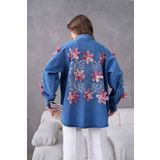 Miss Allos Kadın Arkası Ve Kolları Nakışlı Tül Çiçek Ve Taş İşlemeli Kot Kimono Ceket