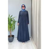Miss Dalida Uzun Kollu Keten Cupro Elbise Lacivert 2264257 - 1