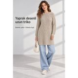 Miss Kiss Kadın Oversize Saç Örgü Uzun Triko Hırka Geniş Yaka Bej