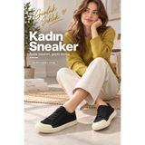 Miss Kiss Kadın Siyah Bez Sneaker Ekru Burun Detaylı Bağcıklı Düz Taban Günlük Spor Ayakkabı