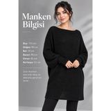 Miss Kiss Kadın Siyah Kayık Yaka Oversize İnce Triko Tunik Uzun Kollu Salaş Kazak