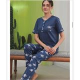 Miss Klein Kadın Büyük Beden Düğme Yaka Pamuklu Likralı Kısa Kol Pijama Takımı 1135 - 1 Adet - Indigo - 2XL