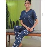 Miss Klein Kadın Büyük Beden Düğme Yaka Pamuklu Likralı Kısa Kol Pijama Takımı 1135 - 1 Adet - Indigo - XL