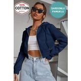 MİSS M.A.T FASHİON Kadın Lacivert Crop Fitted Kapşonlu Zip Fermuarlı Polar Hırka Sweatshirt