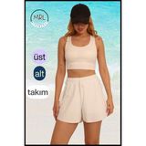 Miss Maral Kadın Doğal Ekru Iki Katmanlı Spor Mayo Takım – Sabit Pedli Üst, Cepli Lastikli Şort Tk 3108 - 2XL