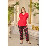Miss Meryem Kırmızı Ring Viskon Dantel Detaylı Kısa Kol Büyük Beden Pijama Takım