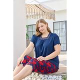 Miss Meryem Lacivert Ring Viskon Dantel Detaylı Kısa Kol Büyük Beden Kapri Pijama Takım