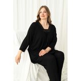 Miss Meryem Siyah Dantel Detaylı Ring Viskon Büyük Beden Üç Çeyrek Kol Tunik Pijama Takım