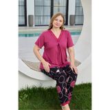 Miss Meryem Vişne Üstü Ring Viskon Altı Dokuma Dantel Yaka Detaylı Kısa Kol Büyük Beden Pijama Takım